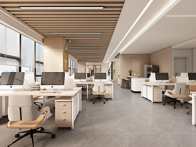 Modern Public Office Area Design With Desks Computers Chairs And Natural Light 3d model