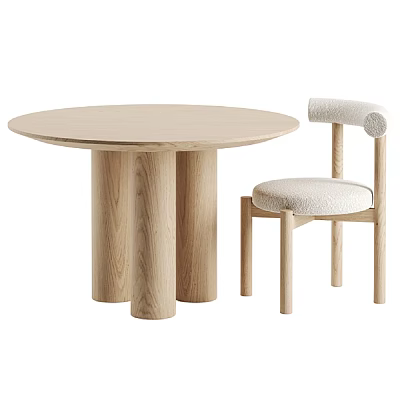 Round Wooden Children's Table With Two Cylindrical Legs And Matching Chair 3d model