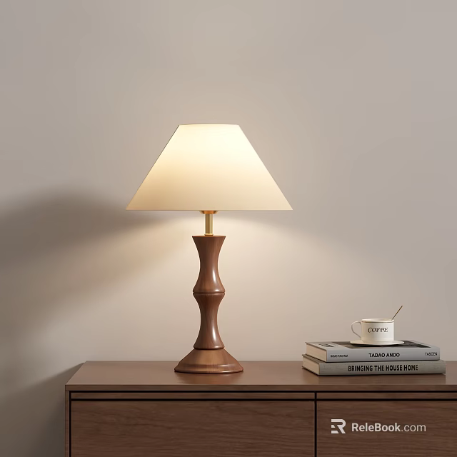 Classic Wooden Table Lamp With White Lampshade On Wooden Desk Near Books And Coffee Cup 3d model 
