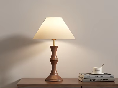 Classic Wooden Table Lamp With White Lampshade On Wooden Desk Near Books And Coffee Cup 3d model