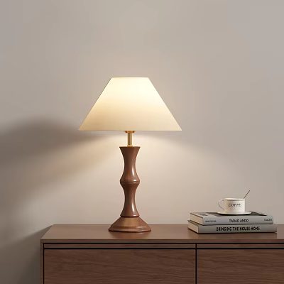 Classic Wooden Table Lamp With White Lampshade On Wooden Desk Near Books And Coffee Cup 3d model