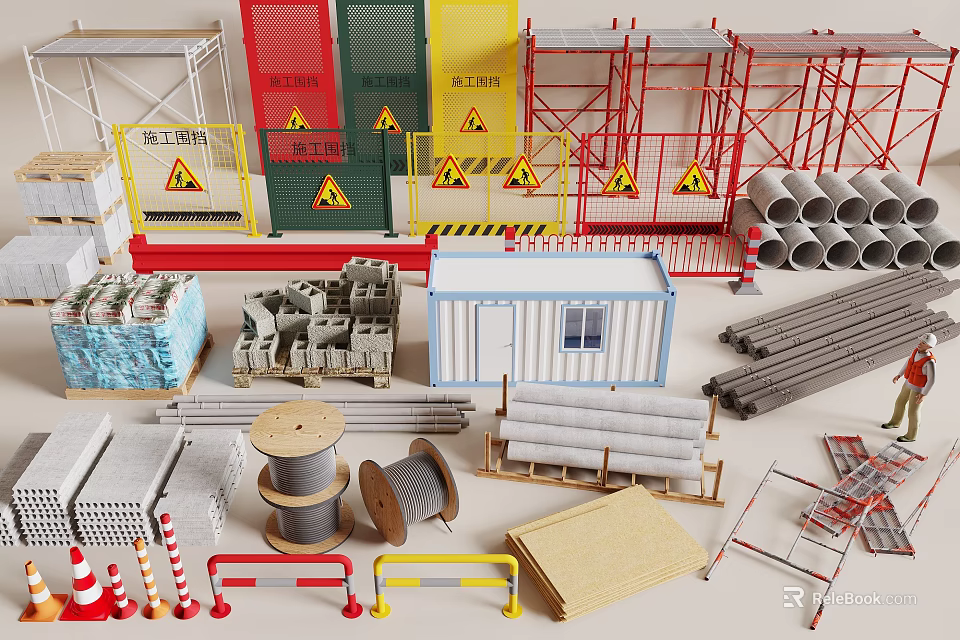Construction Components Including Scaffolding Safety Nets Warning Signs Pipes Cable Reels And Containers 3d model