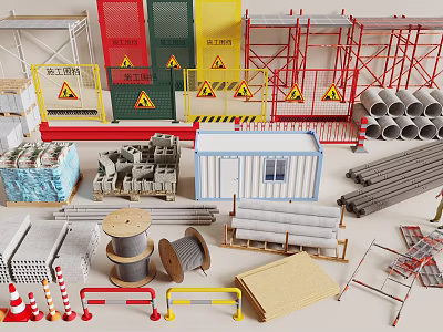 Building Materials Site Supplies Cement Reinforced Steel Construction Enclosing Scaffolding Container Board House 3d model