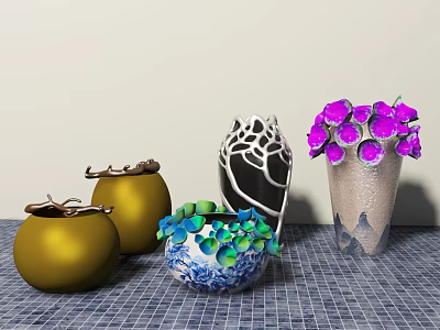 Golden Blue and White Vases With Green Plants and Purple Flowers On Grid Tabletop 3d model