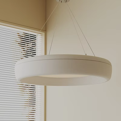 Modern White Circular Pendant Light Hanging In Room With Window Blinds 3d model