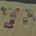 Cartoon Scenery Featuring Small Town Model On Sandy Ground With Water Tower And Houses