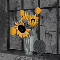 Bright Sunflowers in Glass Vase on Window Sill with Spiral Decoration and Textured Glass