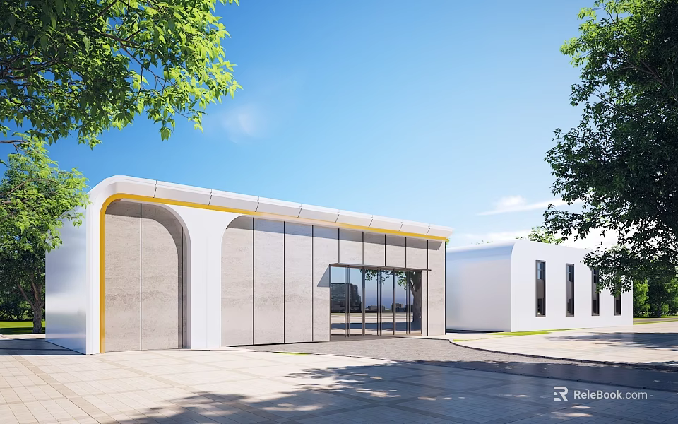 Modern Entrance Gate With Glass Doors And Yellow Accent Frames In Contemporary Building Exterior 3d model 