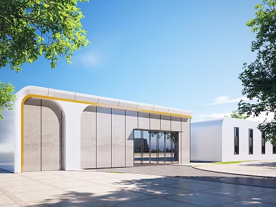 Modern Entrance Gate With Glass Doors And Yellow Accent Frames In Contemporary Building Exterior 3d model