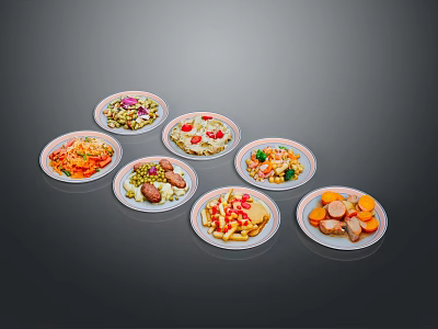Colorful Assorted Food Plates With Fresh Vegetables Sausages And Salads 3d model