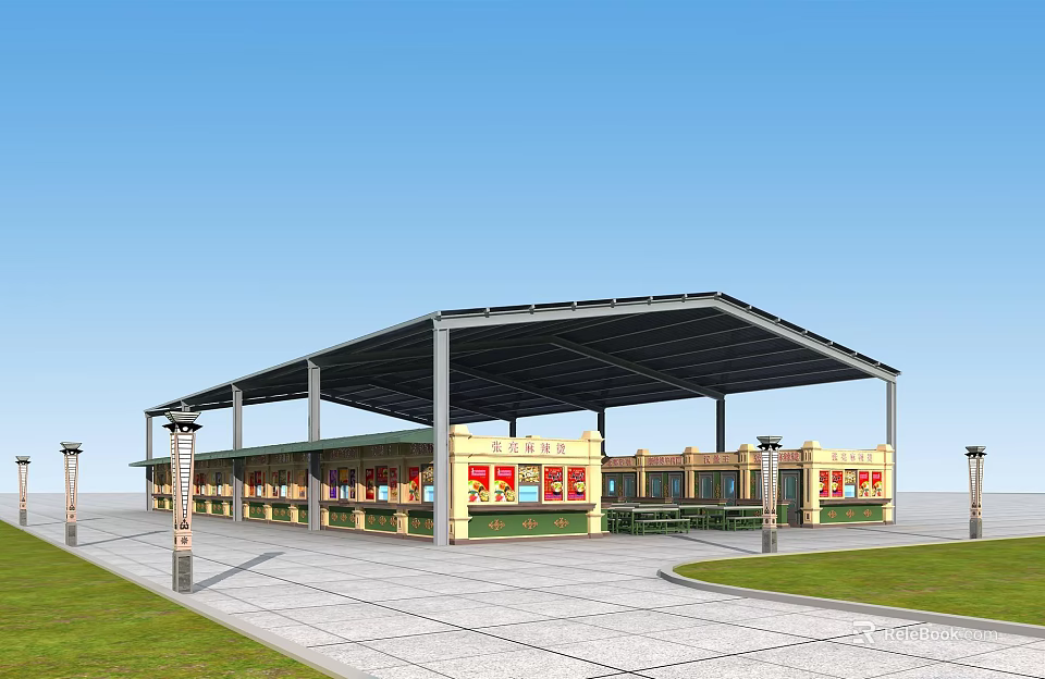 Covered Commercial Street With Retail Shops Advertising Billboards And Outdoor Paved Area 3d model 