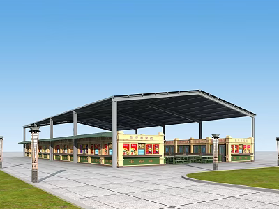 Covered Commercial Street With Retail Shops Advertising Billboards And Outdoor Paved Area 3d model