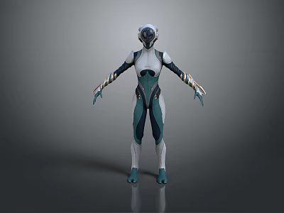 Futuristic 3D Game Movie Character In Teal White Sleek Suit With Helmet Armor Details 3d model