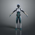 Futuristic 3D Game Movie Character In Teal White Sleek Suit With Helmet Armor Details