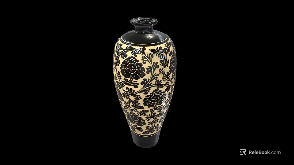 Elegant Black and Gold Ceramic Vase with Intricate Floral Vine Pattern 3d model 