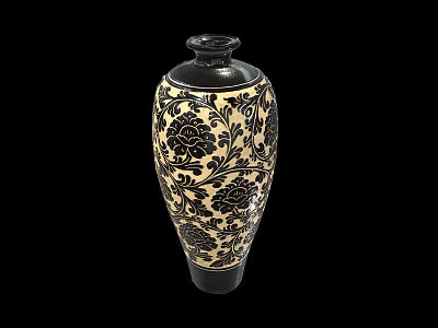 Elegant Black and Gold Ceramic Vase with Intricate Floral Vine Pattern 3d model