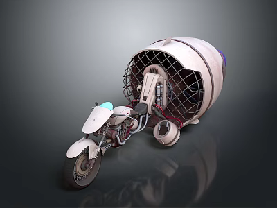 Unique White Motorcycle Featuring Cage Like Dome Structure With Metal Frame And Reflective Surface 3d model