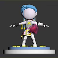 3D Character With Blue Hair White Outfit Holding Pink Yellow Ball And Yellow Blocks On Base