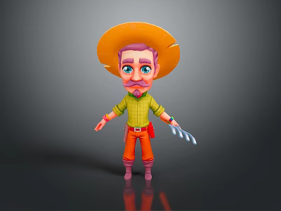 Vibrant Daily Life Supplies Orange Wide Brimmed Hat Green Shirt Red Belt And Wrench Tool 3d model