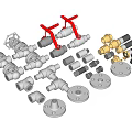 Industrial Valves And Pipe Fittings With Red Handles Brass Components And Flanges
