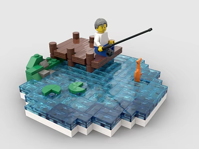 Building Blocks Fisherman on Wooden Dock Blue Water Green Crocodile Orange Fish and Lotus Leaves 3d model