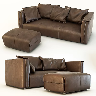 Modern Brown Leather Sectional Sofa With Matching Ottoman And Decorative Pillows 3d model