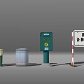 Municipal Road with Construction Barriers Trash Bins Directional Signboards and Street Lamp