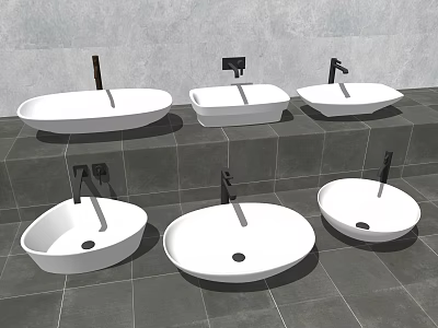 Various White Washbasins With Different Faucet Designs On Grey Tile Countertop 3d model