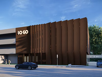 Modern Commercial Storefront With Brown Vertical Panels LOGO Sign And Urban Street Elements 3d model