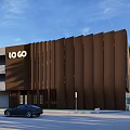 Modern Commercial Storefront With Brown Vertical Panels LOGO Sign And Urban Street Elements