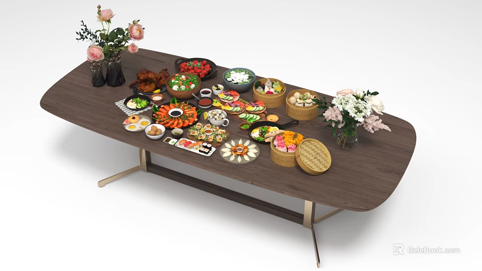 Assorted Delicious Foods on Long Dark Wooden Table with Metal Legs and Fresh Flower Decorations 3d model 
