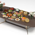 Assorted Delicious Foods on Long Dark Wooden Table with Metal Legs and Fresh Flower Decorations