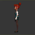 3D Animated Character With Red Hair Green Eyes Green Vest White Gloves And Gray Skirt