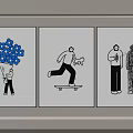 Three Panel Line Art Figure Drawings Holding Blue Bouquet Skateboarding With Dog And Two Figures