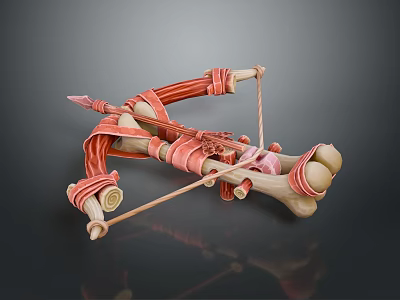 Ancient Weapon Bow With Bone Structure And Red Decorative Straps Design 3d model