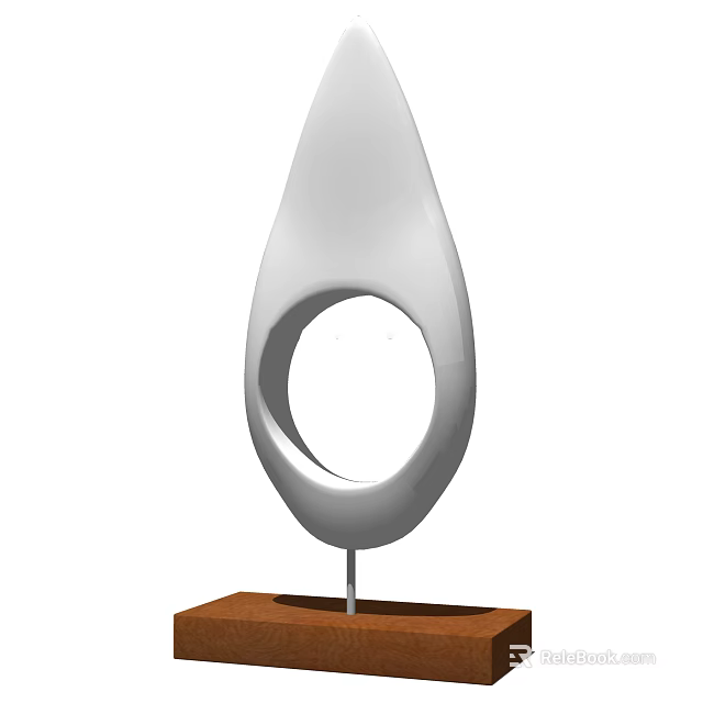 White Teardrop Shaped Vase With Circular Cutout And Fresh Flowers On Wooden Base 3d model 
