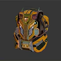 Futuristic Orange And Black Armored Backpack With Mechanical Structure And Reflective Surface Design