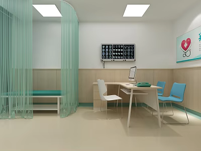 Medical Consultation Room With Light Green Curtains Wooden Paneling Digital Display And Heart Art 3d model