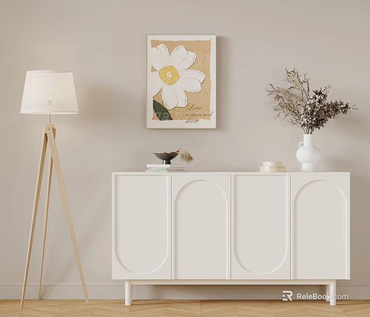 White Console Cabinet Sideboard with Dried Flowers Vase Wall Art and Floor Lamp Decor 3d model 