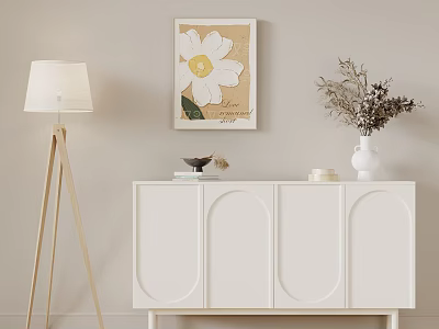 White Console Cabinet Sideboard with Dried Flowers Vase Wall Art and Floor Lamp Decor 3d model