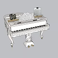 Elegant White Carved Piano with Sheet Music and Photo Frames on Top Surface