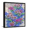 Vibrant Botanical Painting With Pink Purple Flowers Blue Leaves Marble Background Black Frame Striped Wall