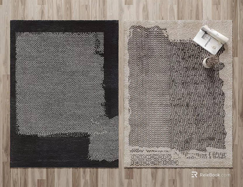 Dark And Light Square Rugs With Woven Texture On Wooden Floor And Sample Roll 3d model 