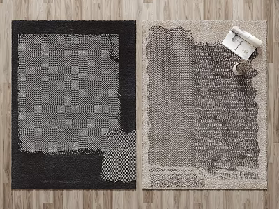 Dark And Light Square Rugs With Woven Texture On Wooden Floor And Sample Roll 3d model