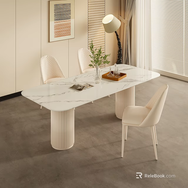 Modern Dining Table Set With Marble Top Fluted Legs Beige Chairs And Potted Plant 3d model 