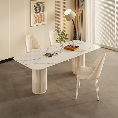 Modern Dining Table Set With Marble Top Fluted Legs Beige Chairs And Potted Plant 3d model