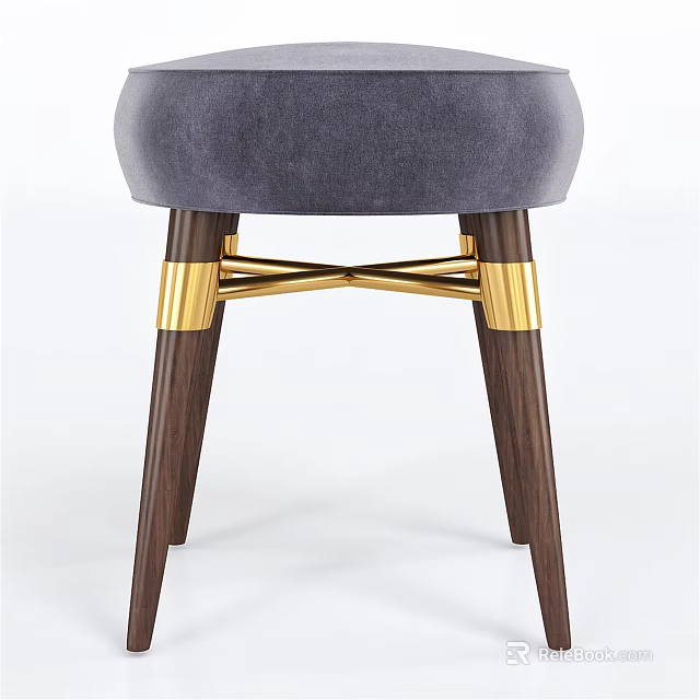 Gray Upholstered Bar Stool With Dark Brown Wooden Legs And Golden Cross Metal Frame 3d model 