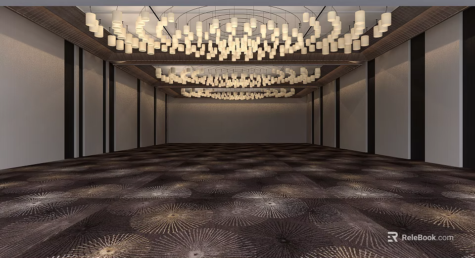 Banquet Hall Interior With Ornate Chandeliers Dark Patterned Carpet Light Walls And Black Decorative Lines 3d model 