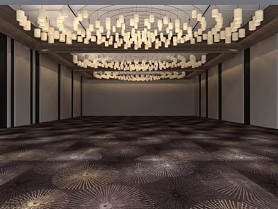 Banquet Hall Interior With Ornate Chandeliers Dark Patterned Carpet Light Walls And Black Decorative Lines 3d model