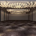 Banquet Hall Interior With Ornate Chandeliers Dark Patterned Carpet Light Walls And Black Decorative Lines